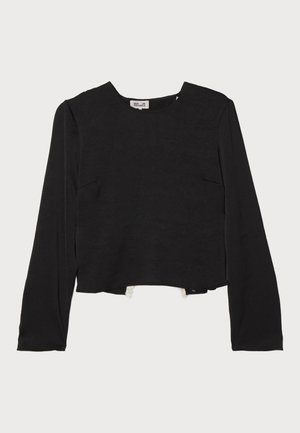 Black long-sleeve top with a round neckline, textured fabric, cropped hem, and subtle seams, featuring side pockets for added detail.