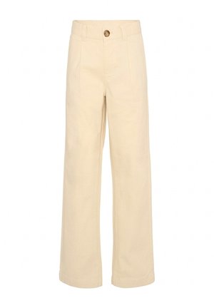 Pantalon beige taille haute à jambes larges avec plis devant, passants de ceinture et fermeture par un seul bouton marron.