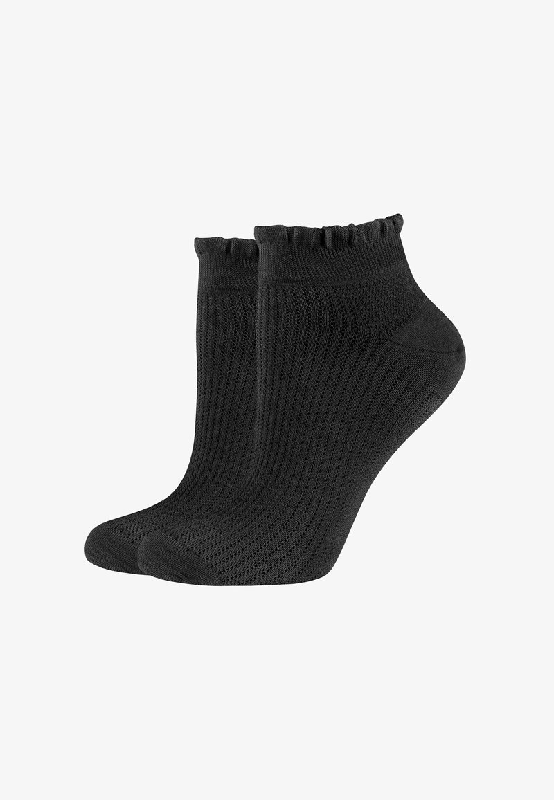 Chaussettes noires à chevilles avec une texture côtelée, ornées d'un ourlet festonné et d'un ajustement serré. Fabriquées en matériau respirant pour le confort.