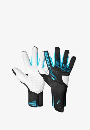 Goalkeeper gloves feature a white textured palm with black and blue accents. The backhand is predominantly black with geometric patterns and branding.