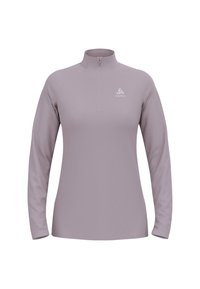 Hellblau-langes Shirt mit einem Viertel-Reißverschluss-Kragen, aus weichem Material und mit einem Logo auf der linken Brust. Sauberes Design, ohne Muster.