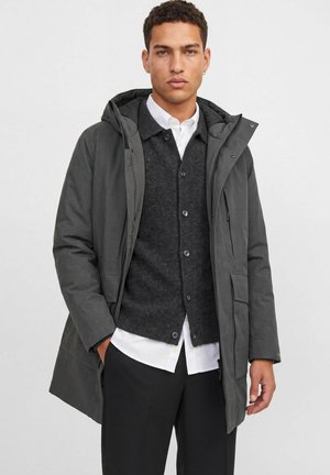 Jeune homme portant un manteau d'hiver gris foncé à capuche, par-dessus un cardigan noir boutonné et une chemise blanche, debout avec une main dans la poche.