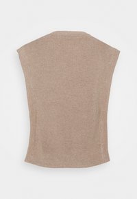 Beige, gerippter ärmelloser Oberteil mit hohem Kragen und seitlichen Schlitzen. Die Textur ist weich und gestrickt. Einfaches Design ohne sichtbare Verschlüsse.