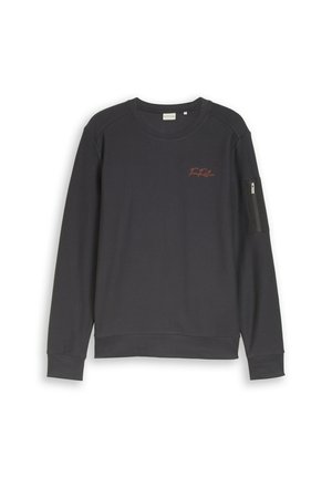Black long-sleeve crewneck sweatshirt with small red logo on chest and zippered pocket on upper left sleeve, displayed flat on white background.