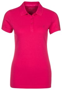 Rosa pikétröja i bomull, med krage, korta ärmar och en logotyp på bröstet. Slät textur, figurnära design.