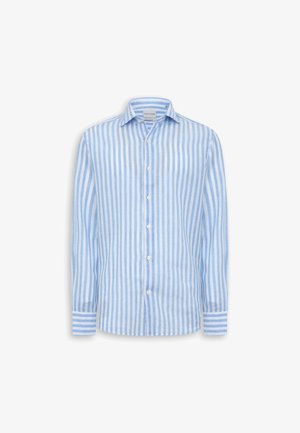 Herrenlangarmhemd mit vertikalen blauen und weißen Streifen und klassischem Kragen vor weißem Hintergrund.