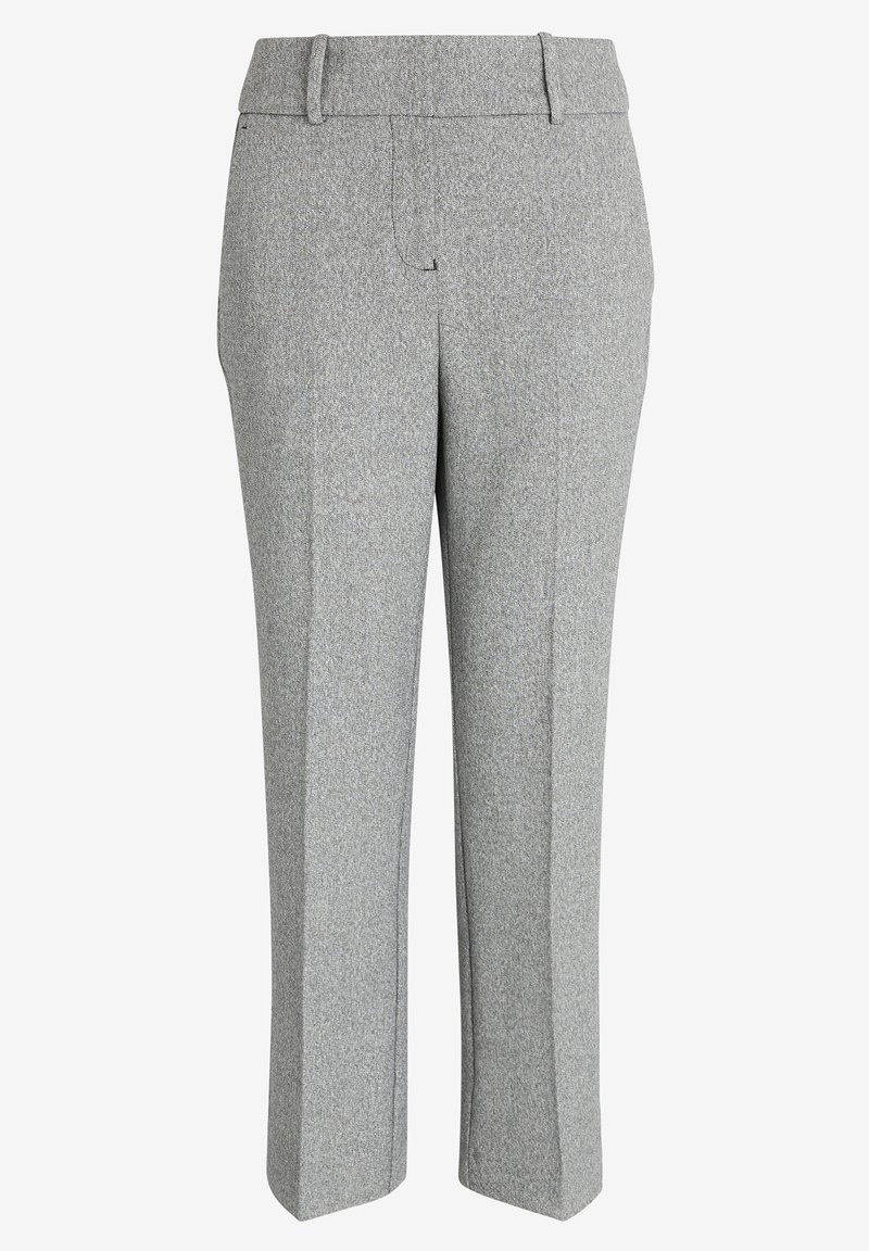 Pantalon gris sur mesure en tissu texturé, coupe droite, devant plat avec deux poches arrière et passants de ceinture.