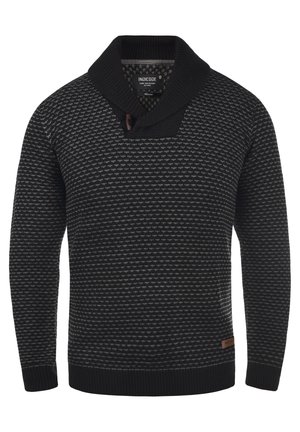Pull en tricot noir et gris, avec un col châle, un motif texturé et une étiquette logo en cuir à l'ourlet.
