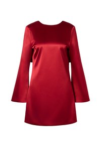 Red satin dress with a round neckline, long bell sleeves, and a straight fit. Smooth texture with a glossy finish.