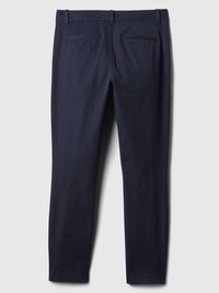 Navy trousers made of fabric with a smooth texture, featuring a slim fit, belt loops, and two back pockets with horizontal openings.