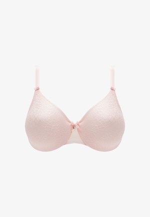Zacht roze bh met een kant overlay, balconette ontwerp, gladde stof cups, verstelbare bandjes, en een decoratieve strik aan de voorkant.