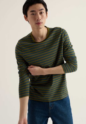 Cămașă cu mânecă lungă, cu dungi verzi și albastre, cu guler rotund și croială mulată. Modelul pozează cu un braț îndoit, evidențiind designul casual.