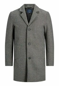 Herrens kappa i knälängd i ullblandning med svart, vit och grå hundtandsmönster och tre framskjutna knappar.