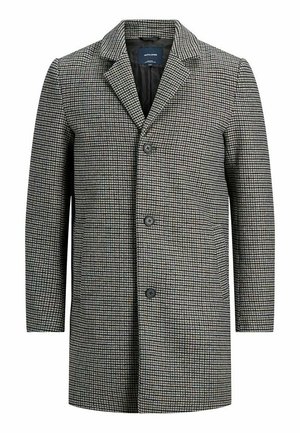 Cappotto da uomo in misto lana, lungo fino al ginocchio, con motivo houndstooth in nero, bianco e grigio e tre bottoni frontali.