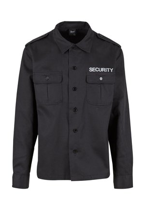 Black security jacket made of cotton blend, featuring two front pockets, button closure, and "SECURITY" printed in white on the chest.
