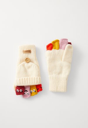 Cremfarbene gestrickte fingerlose Handschuhe mit einem gerippten Bündchen, die bunte Fingerakzente in Rot, Gelb, Pink und Lila mit Augen und einem Holzknopf aufweisen.