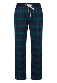 Katoenen geruite pyjamabroek in donker groen en marineblauw, met een elastische tailleband met trekkoord en rechte pijpen.