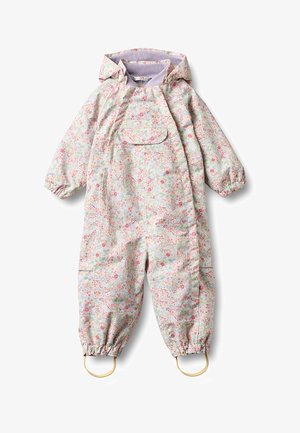Vaikiškas kombinezonas su gaubtu, elastingomis rankogaliais, pėdų dirželiais ir rausvos spalvos gėlių raštu ant šviesios medžiagos.