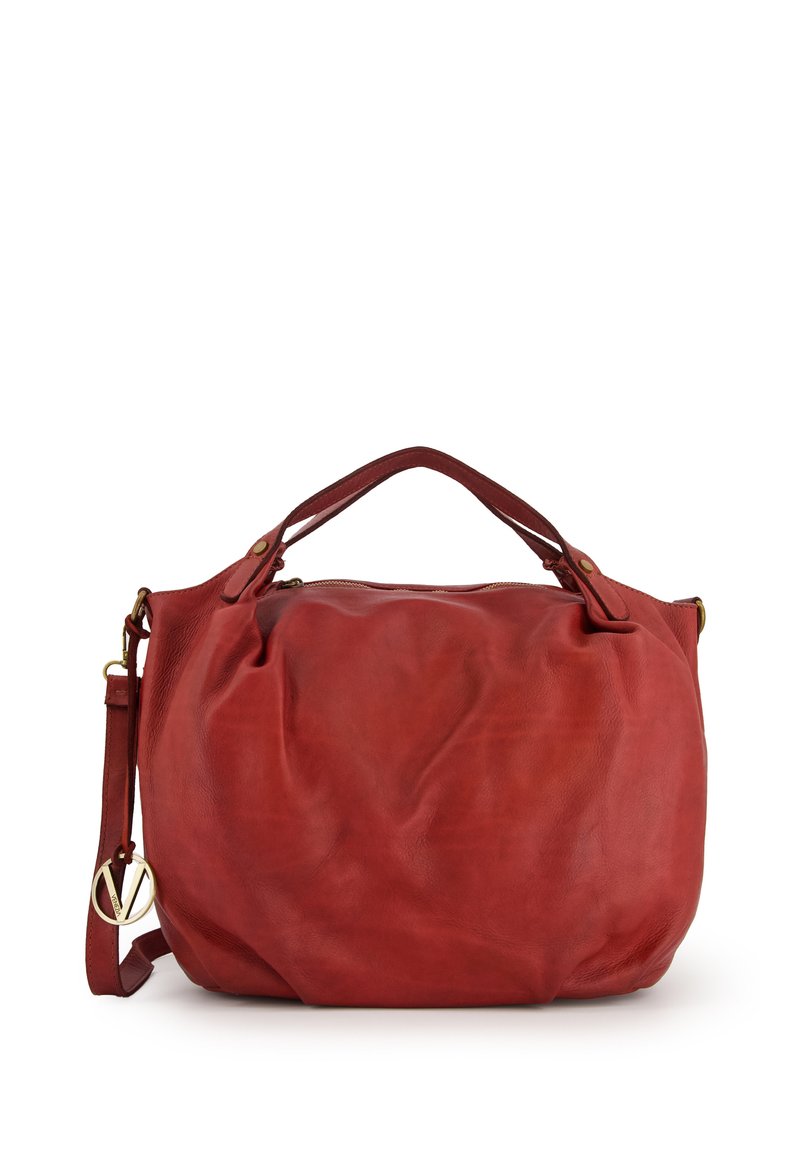 Red leather handbag with a soft, textured surface, featuring dual handles and a detachable shoulder strap. Includes gold-tone hardware accents.