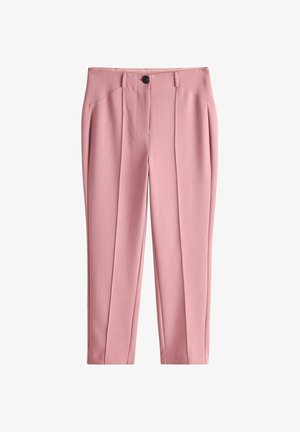 Pink skræddersyede bukser med en glat tekstur, der har frontfolder, en enkelt knaplukning og lige ben.