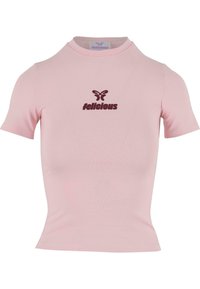 Rozā īsām piedurknēm t-krekls, kas izgatavots no mīksta auduma, ar pieguļošu dizainu un tumši sarkanu "felicious" logo priekšpusē.