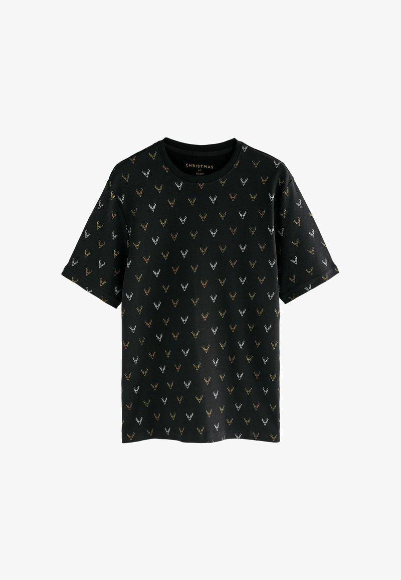 Camiseta negra de manga corta con un patrón repetido de formas de renos de colores en dorado, blanco y verde sobre un fondo oscuro.