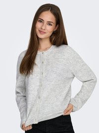 Jasnoszary, dziany kardigan z przodem na guziki, ściągaczem u dołu i długimi rękawami. Miękka tekstura, luźny krój i subtelny wzór.