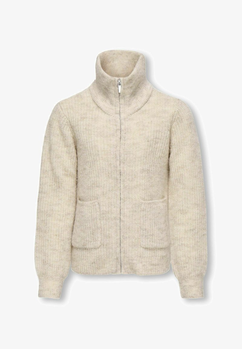 Beige stickad cardigan med hög krage, dragkedja fram och två framfickor. Ribbat mönster och avslappnad passform. Mjukt, varmt material.