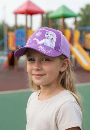 Giovane ragazza che indossa un cappellino viola di Frozen con il disegno di Elsa, in piedi vicino a attrezzature colorate per il parco giochi all'aperto.