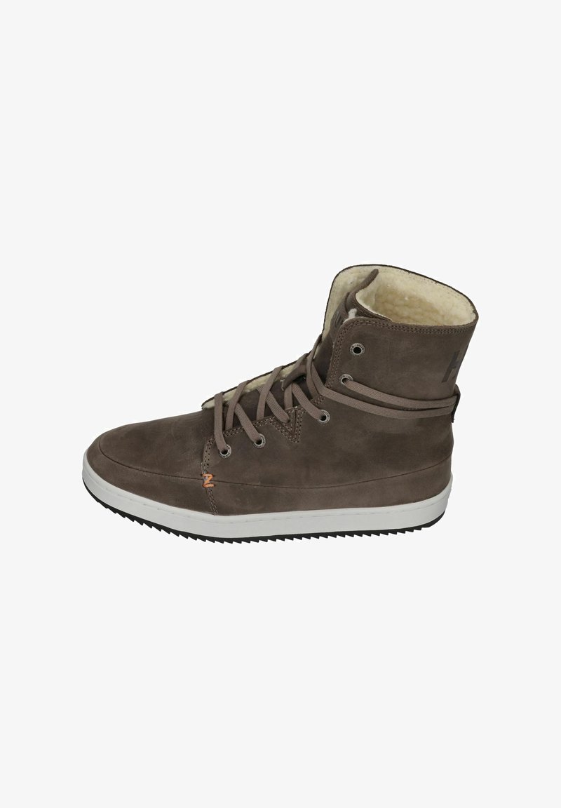 Brauner Veloursleder-High-Top-Sneaker mit weißer Gummisohle. Verfügt über runde Schnürsenkel, gepolsterten Kragen und ein Logo-Detail. Innen mit weichem Stoff ausgekleidet.