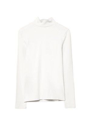 Chemise à col roulé blanche à manches longues avec un col légèrement froissé, présentée à plat sur un fond blanc.