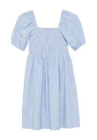 Blau-weiß gestreiftes Kleid mit Puffärmeln, quadratischem Ausschnitt, gerafftem Oberteil und ausgestellt Rock. Hergestellt aus leichtem Stoff.