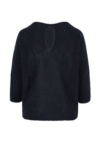 Navy blue knitted sweater with short sleeves, featuring a round neckline and a small oval cutout at the back. Textured finish throughout.