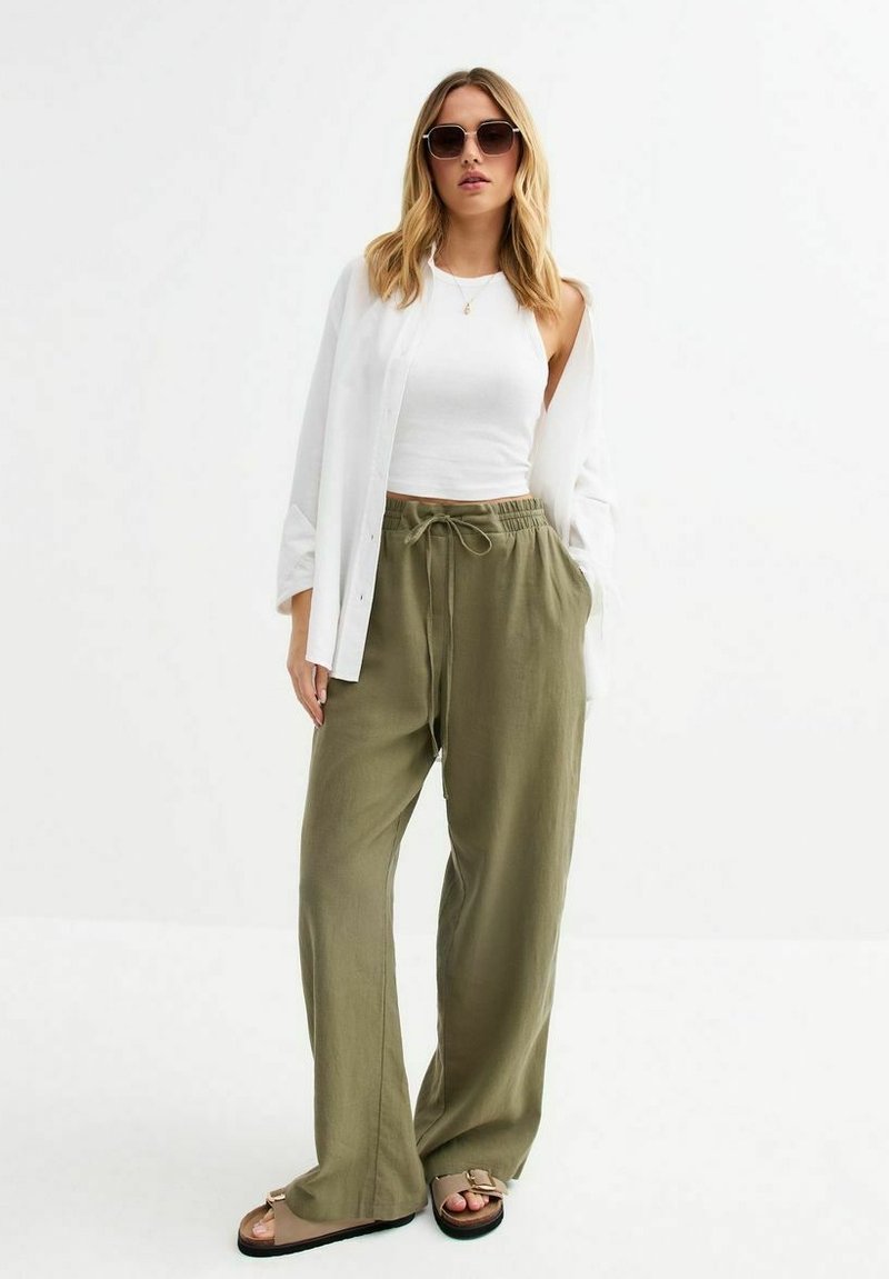 New Look - LINEN BLEND DRAWSTRING WAIST - Broek - khaki, Vergroten