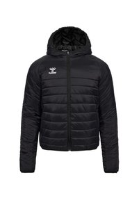 Svart puffjacka med dragkedja fram, huva och quiltad design. Har en logotyp på bröstet och textil med struktur för isolering.