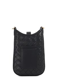 Black leather bag featuring a woven pattern, smooth texture, a front pocket, and gold-tone hardware. Rounded top design with a zipper closure.