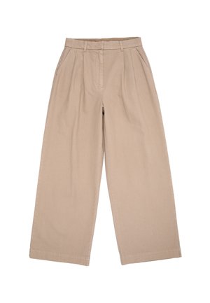 Beige broek met wijde pijpen, voorplooien, zijzakken, riemlussen en een verborgen voorsluiting.