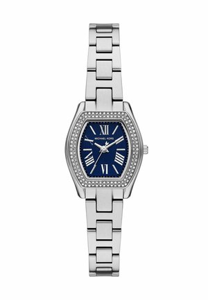 Silver metal bracelet watch with blue face, Roman numerals, crystal-studded bezel, and three hands showing time.