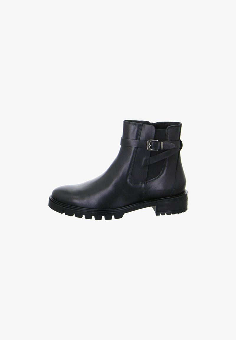 Schwarze Leder-Ankle-Boots mit glatter Oberfläche, verstärkter Zehenkappe, seitlichen elastischen Einsätzen und einem dekorativen Schnallenriemen. Gummisohle mit Profil.