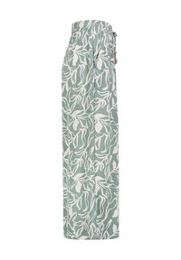 Light green wide-leg pants with a white floral pattern, made of a soft, textured fabric; features an elastic waistband and drawstring.