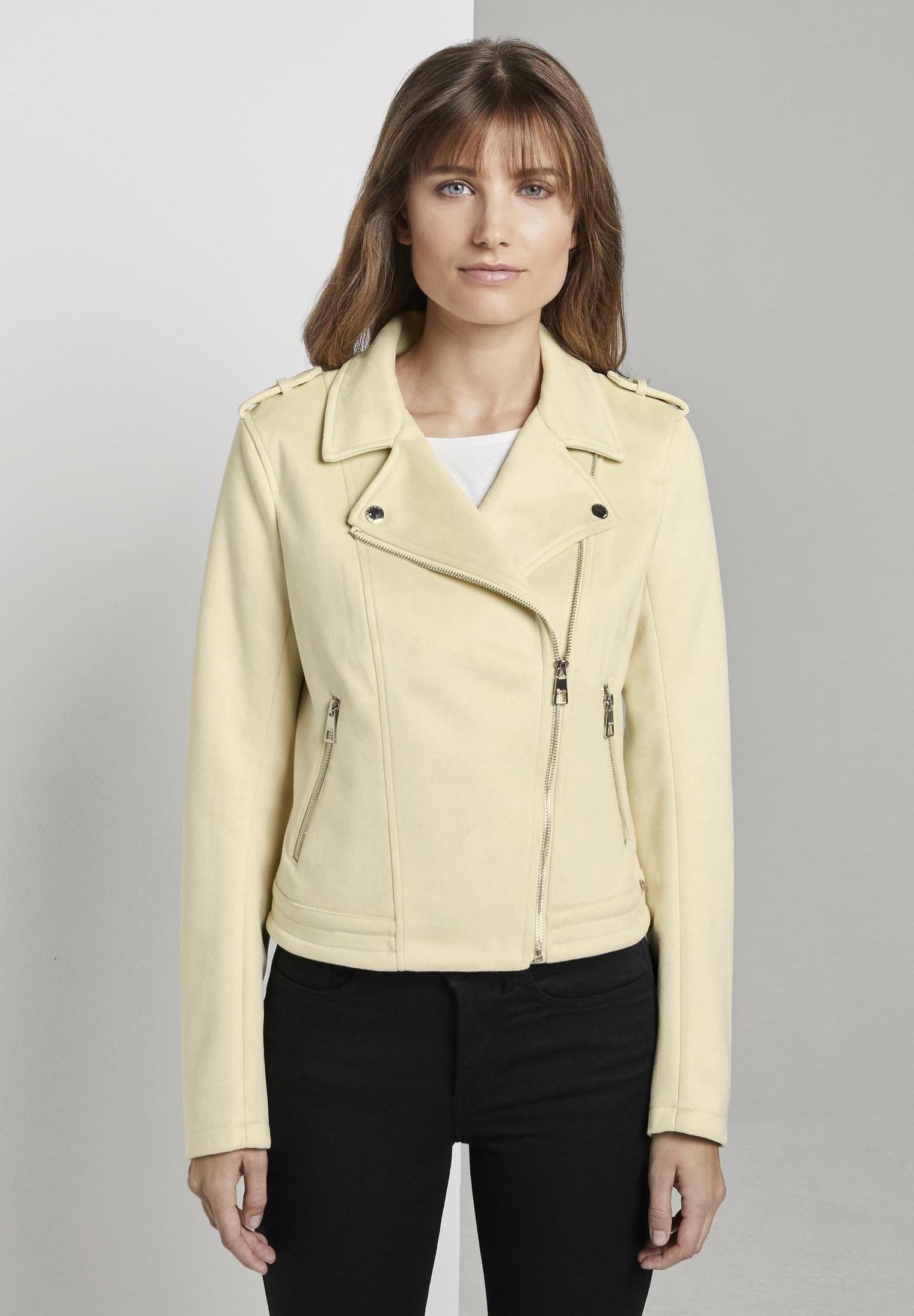 light yellow leather jacket