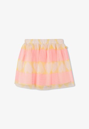 Tulle skirt in pink and yellow with a heart pattern. Features an elastic waistband and layered design for a light, airy look.