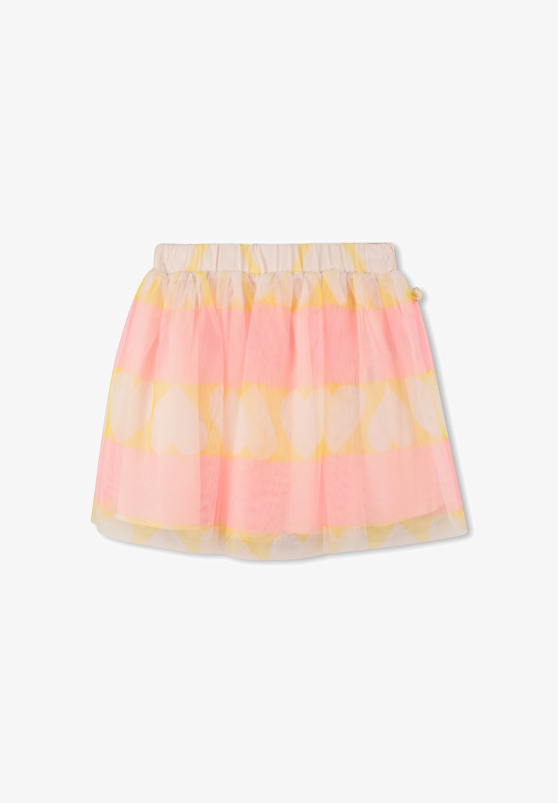 Jupe en tulle rose et jaune avec un motif en forme de cœur. Équipée d'une taille élastique et d'un design superposé pour un look léger et aérien.