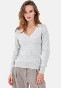 Hellgrauer Pullover mit V-Ausschnitt aus weichem Stoff, langen Ärmeln, gerippten Bündchen und Saum. Kombiniert mit beigen, plissierten Hosen.