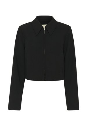 Black cropped jacket featuring a collar, long sleeves, and a front zipper closure. Made from a smooth fabric with no visible patterns or accents.