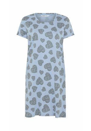 Lyseblå kortærmet kjole med rund hals, dækket af store og små grå hjerteprint fyldt med små hvide hjerter.