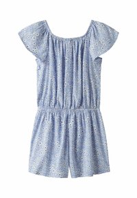 Combinaison florale bleu clair avec un design dénudé sur les épaules, manches courtes bouffantes, taille élastique et short à coupe décontractée.
