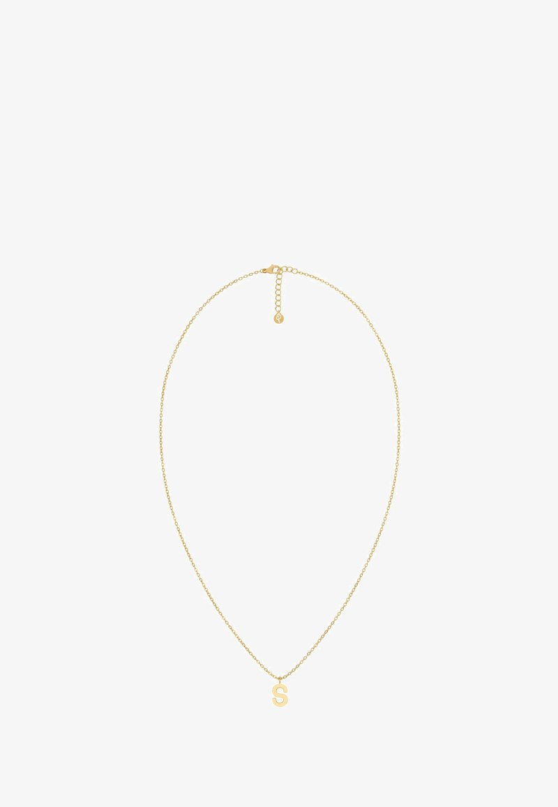 Vergulde ketting met een delicate schakels, voorzien van een opvallende hoofdletter 'S' hanger, met een gladde textuur en een verstelbare sluiting.