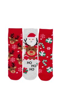 Tre paia di calze a tema natalizio. Include sfondi rossi con renne e regali, una calza grigia con Babbo Natale e il testo "HO HO HO".
