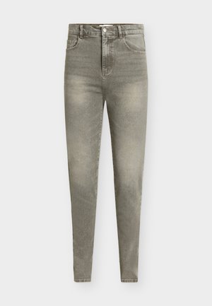 Hellgraue Skinny Jeans aus Denim mit hoher Taille, fünf Taschen, leichter Used-Optik und dezentem Ausbleichen im gesamten Stoff.
